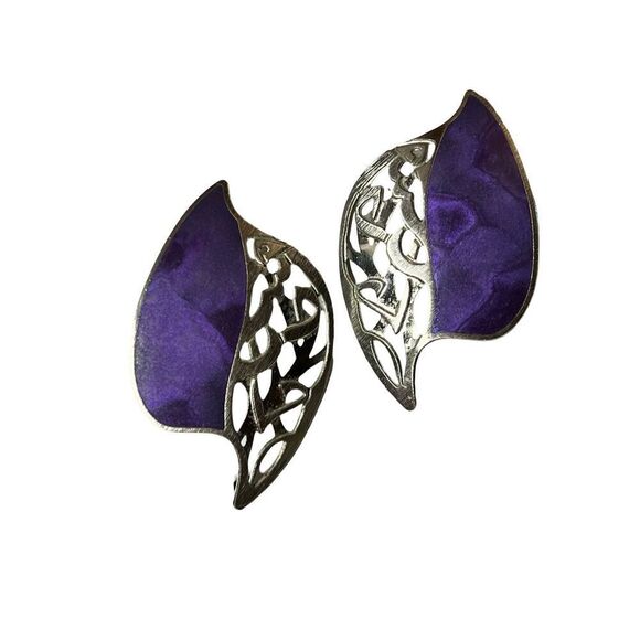 Edgar Berebi Purple Enamel Vintage Silver Tone Retro Clip On Earrings - Picture 3 of 4